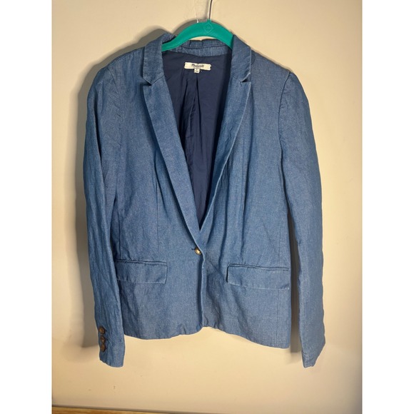 Madewell Jackets & Blazers - Madewell Womens Cotton Linen Chambray Blazer Blue Single Button Jacket Size 6
